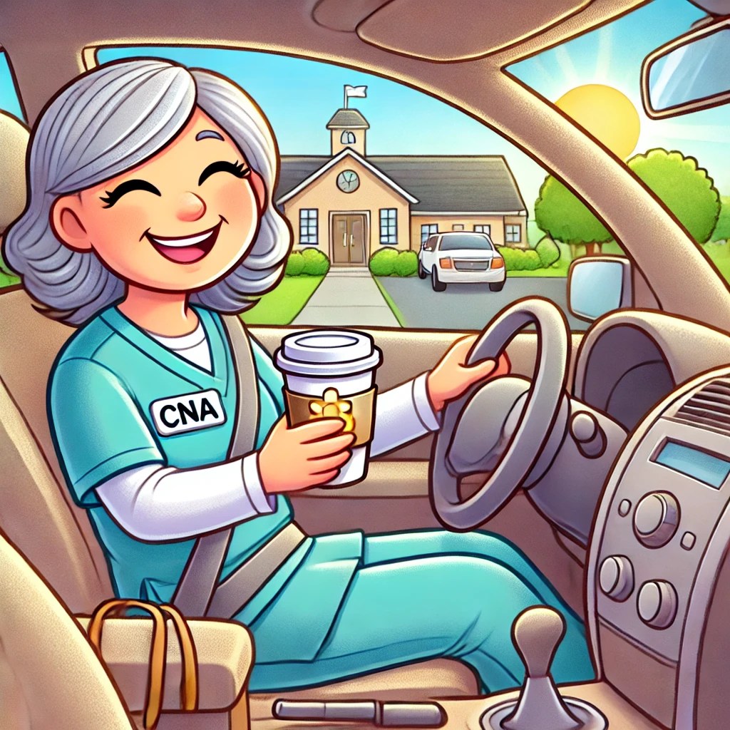 Cartoon of a happy CNA sitting in her car with a coffee cup, ready for a positive day at work. The background shows a sunny nursing home.