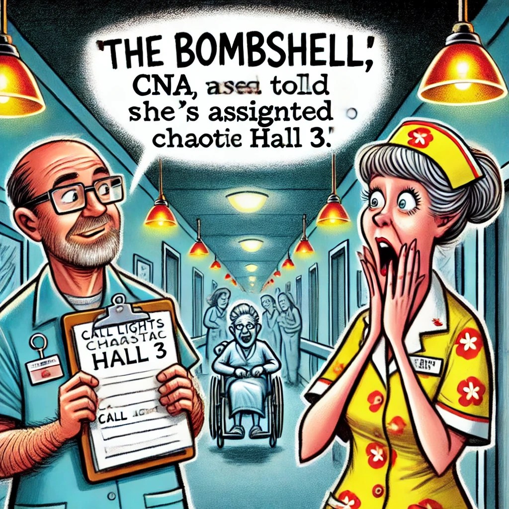 Cartoon of a shocked CNA clutching a clipboard as she’s told she’s assigned to Hall 3, with call lights flashing in the background and residents peeking out.