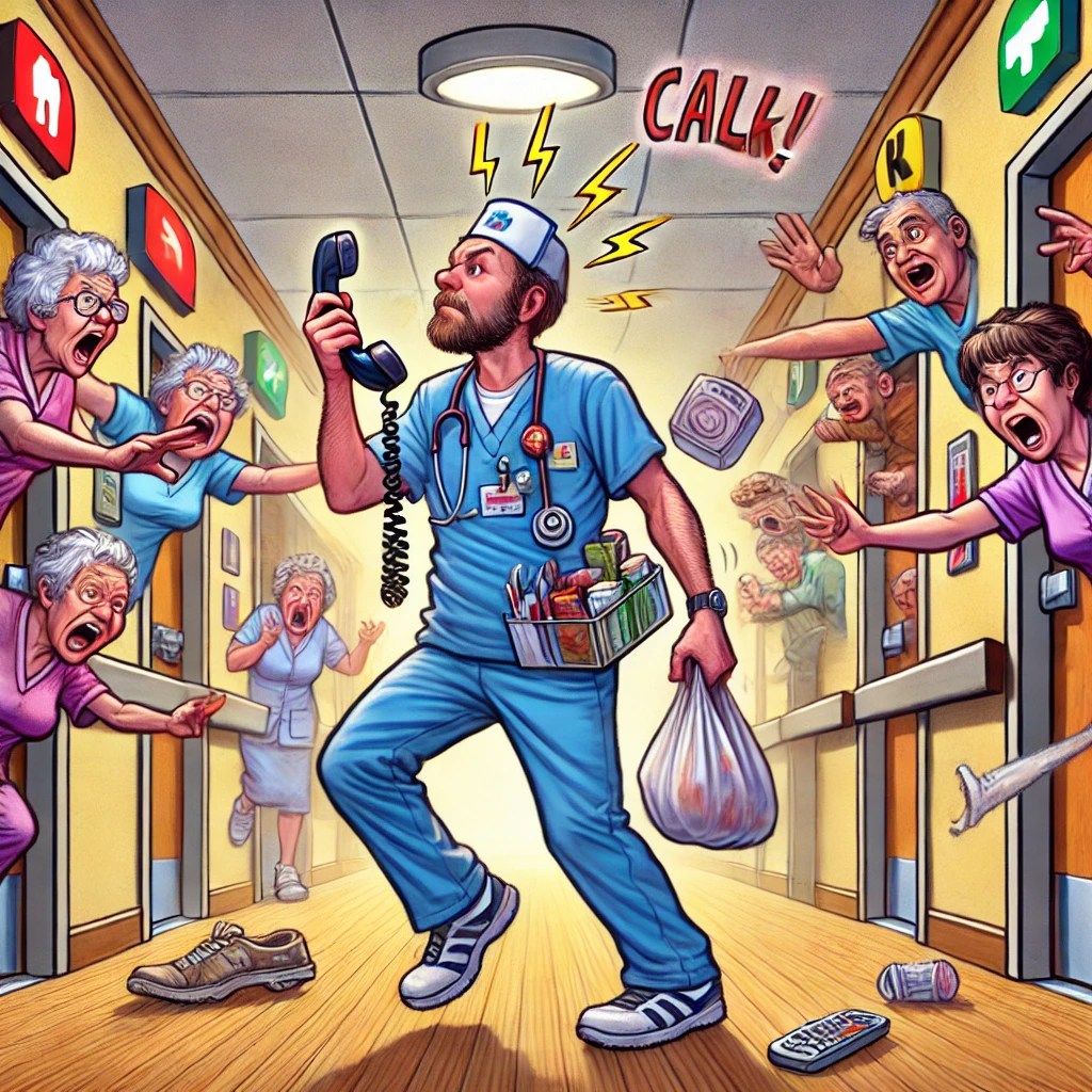 Cartoon of a CNA running through a busy nursing home hallway, juggling medical supplies, surrounded by demanding residents and flashing call lights.

