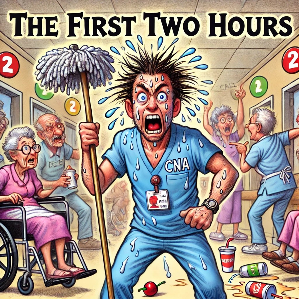 Cartoon of an exhausted CNA drenched in sweat, holding a mop and clipboard, surrounded by residents arguing and spilling drinks
