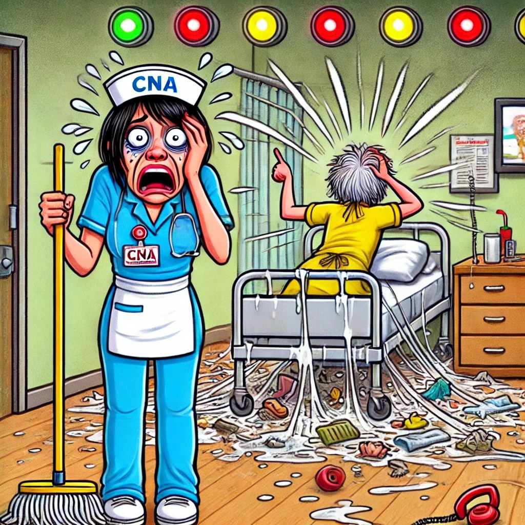 Cartoon of a CNA looking defeated in front of a messy resident room, holding a mop with tear-filled eyes. A guilty resident points to the mess inside.