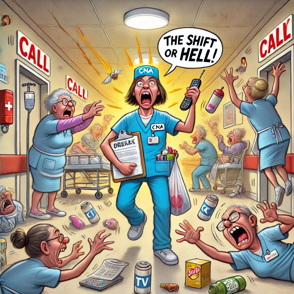 Cartoon of the CNA juggling briefs, a clipboard, and call lights while trying to calm down a demanding resident.
