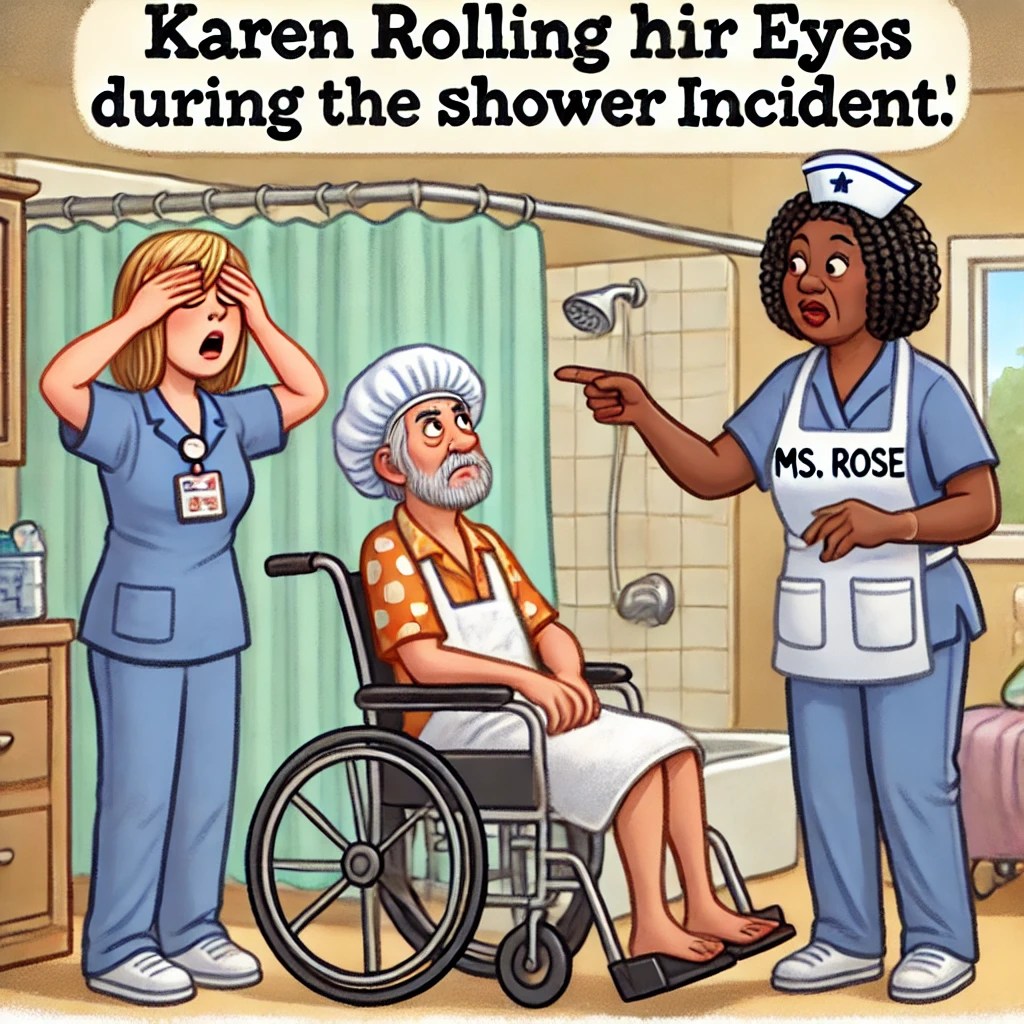 A cartoon of Karen looking annoyed while Ms. Rose directs a resident who clearly doesn’t need assistance.