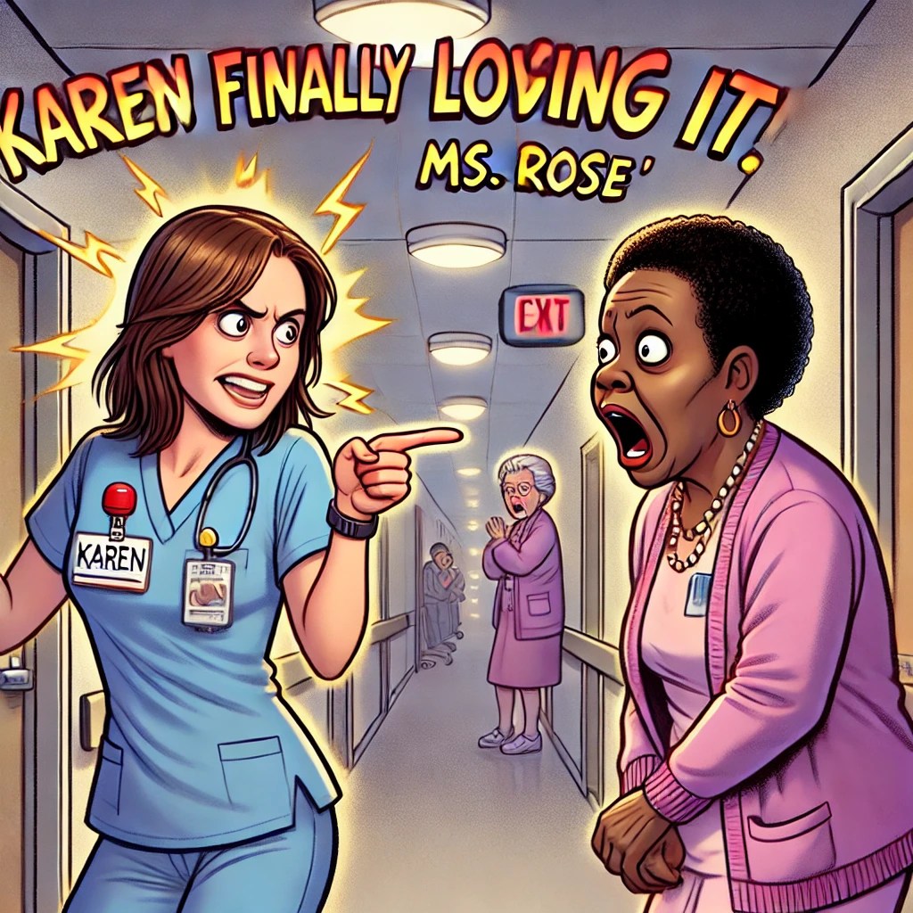 A cartoon of Karen standing up, clearly angry, as Ms. Rose looks shocked in the background.
