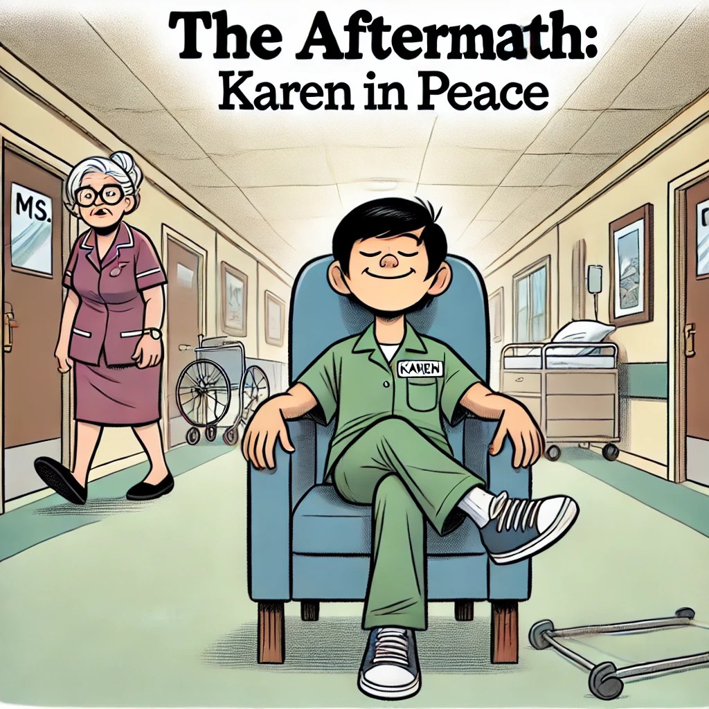 A cartoon of Karen sitting calmly in a chair, smiling, while the nursing home hallway is quiet in the background.