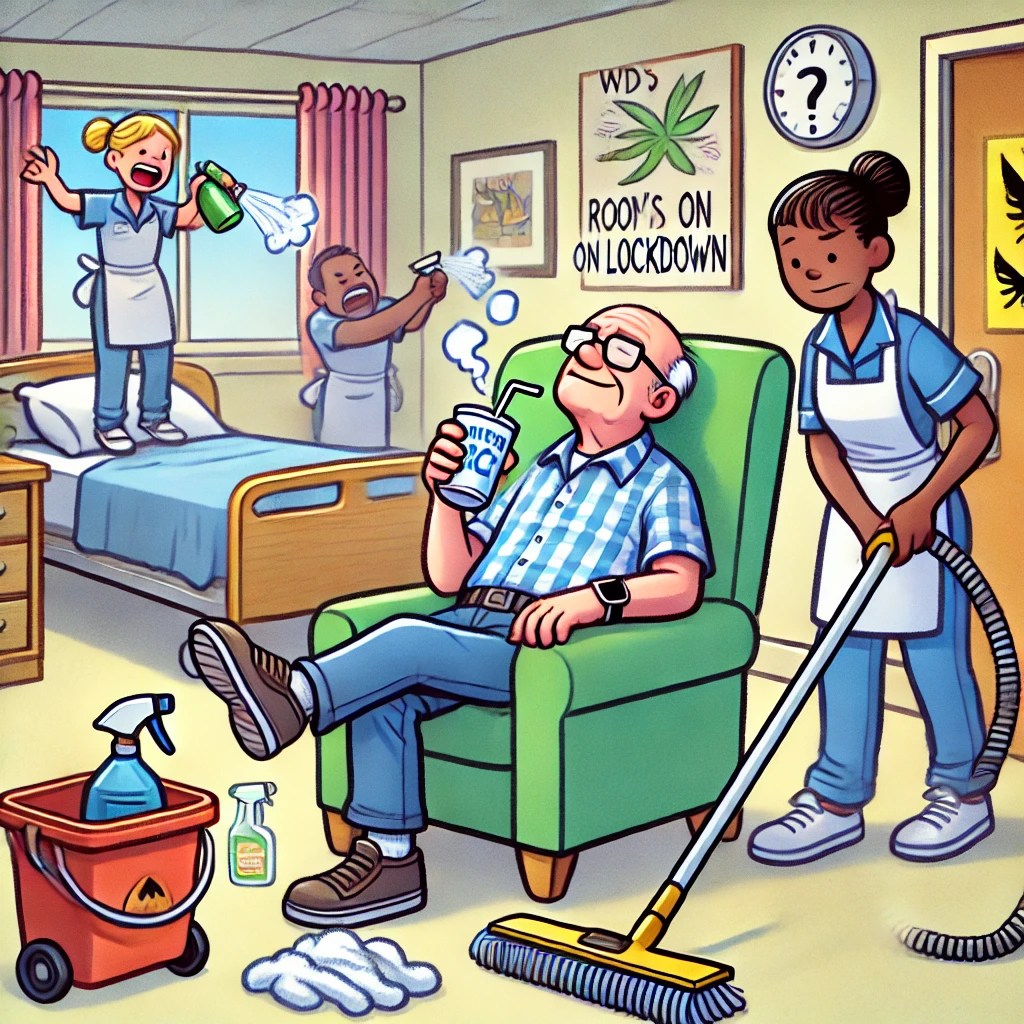  A cartoon of WD, a blind man in his late 60s, sitting in his room with a smile, while housekeepers clean around him with frustrated expressions.

 blind nursing home resident, CNA funny stories, nursing home drama
