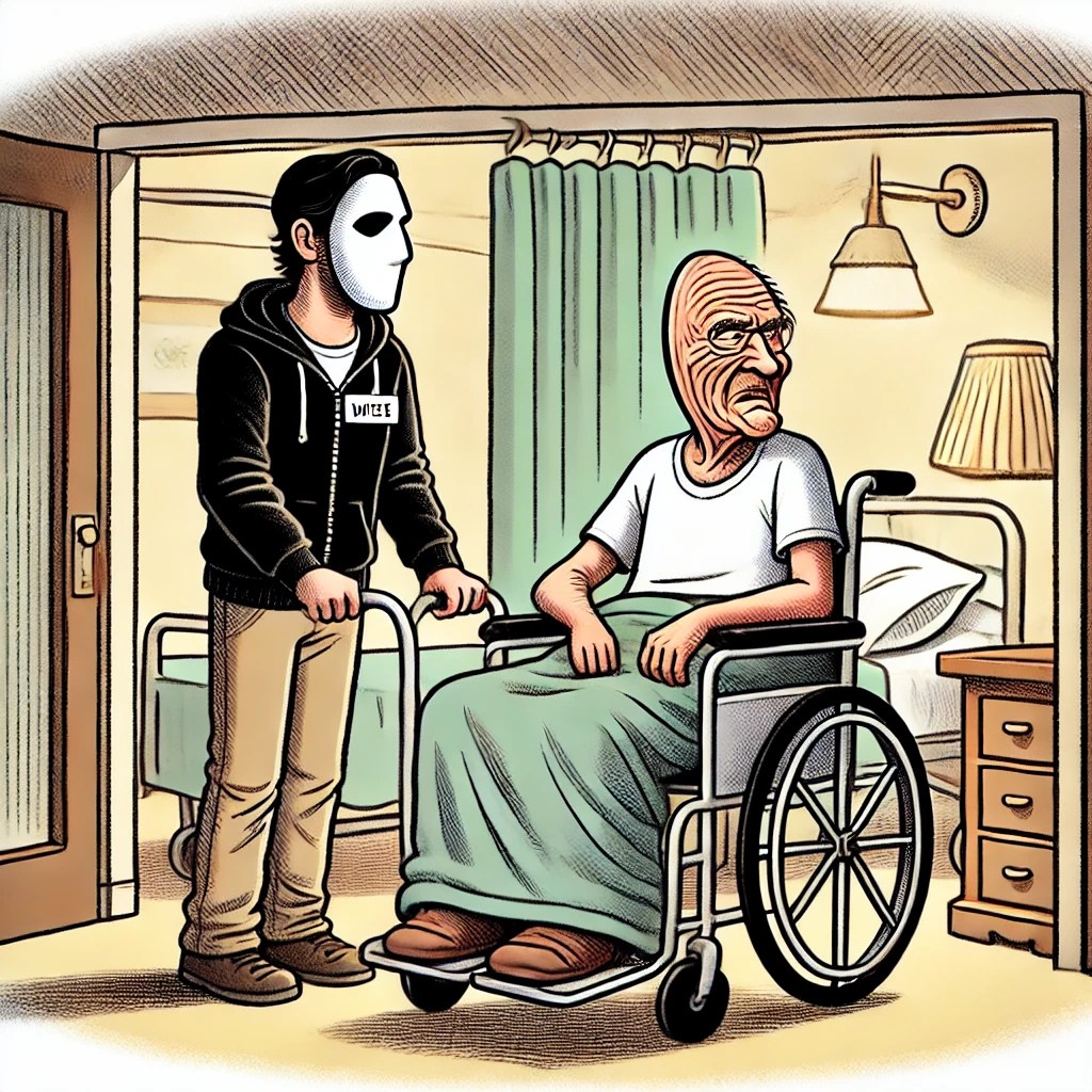 A cartoon of Faceoff, a man with half a face, being wheeled into WD’s room while WD sits unaware, facing the opposite direction.

funny nursing home stories, nursing home drama, unique resident dynamics

