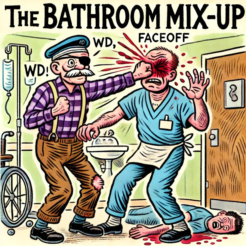 A cartoon of WD swinging at Faceoff, who is holding his bleeding nose, while the bathroom door is wide open in the background.

funny nursing home moments, CNA stories, blind resident humor

