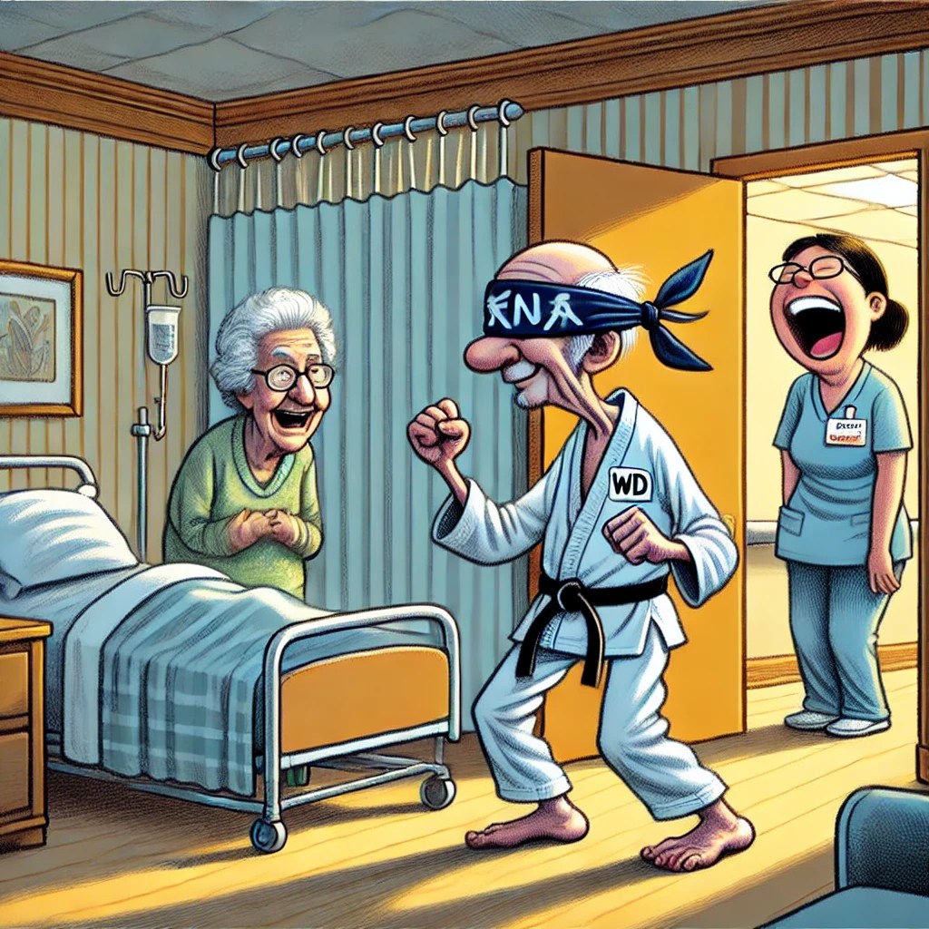 A cartoon of WD in a karate stance with a shirt tied around his head, while Karen, the CNA, stands in the doorway laughing.

funny CNA stories, nursing home humor, blind resident antics

