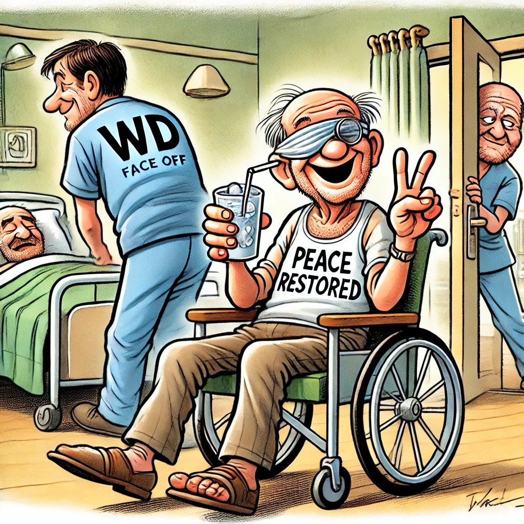 A cartoon of WD smiling contentedly in his room while Faceoff is wheeled out by staff, looking annoyed.

CNA drama, funny nursing home stories, blind resident humor
