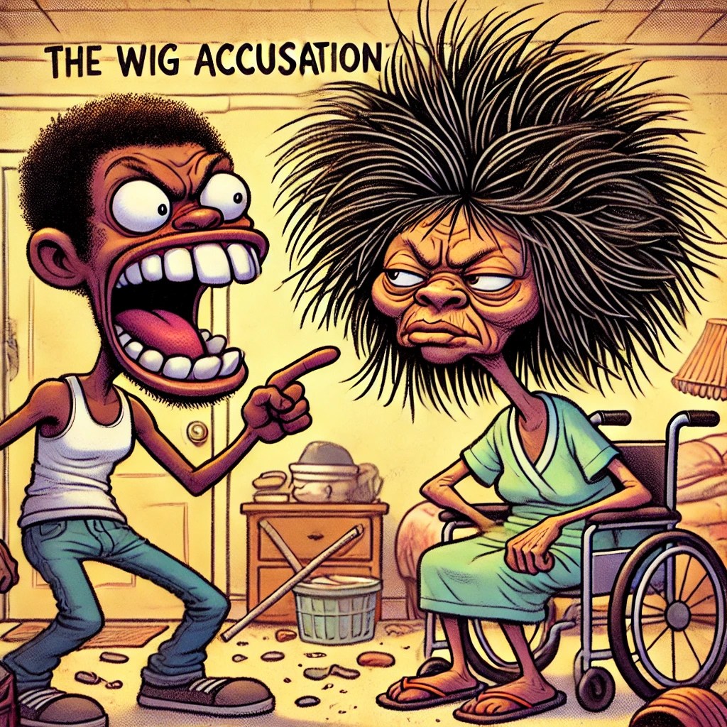 A cartoon of DD shouting at her taller roommate, Wig Lady, who stands quietly with her arms crossed in a nursing home room.

funny CNA stories, resident arguments, nursing home humor, wig drama

