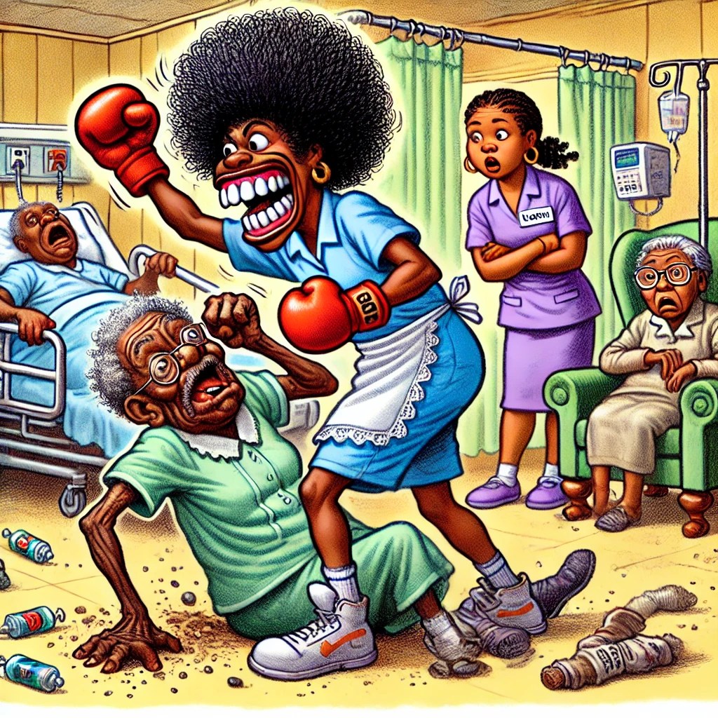 A cartoon of Wig Lady pinning DD to the ground while Karen shakes her head, laughing in disbelief. The room is chaotic with other residents peeking out of the doors.

 nursing home fights, funny CNA stories, lockdown unit drama, CNA humor