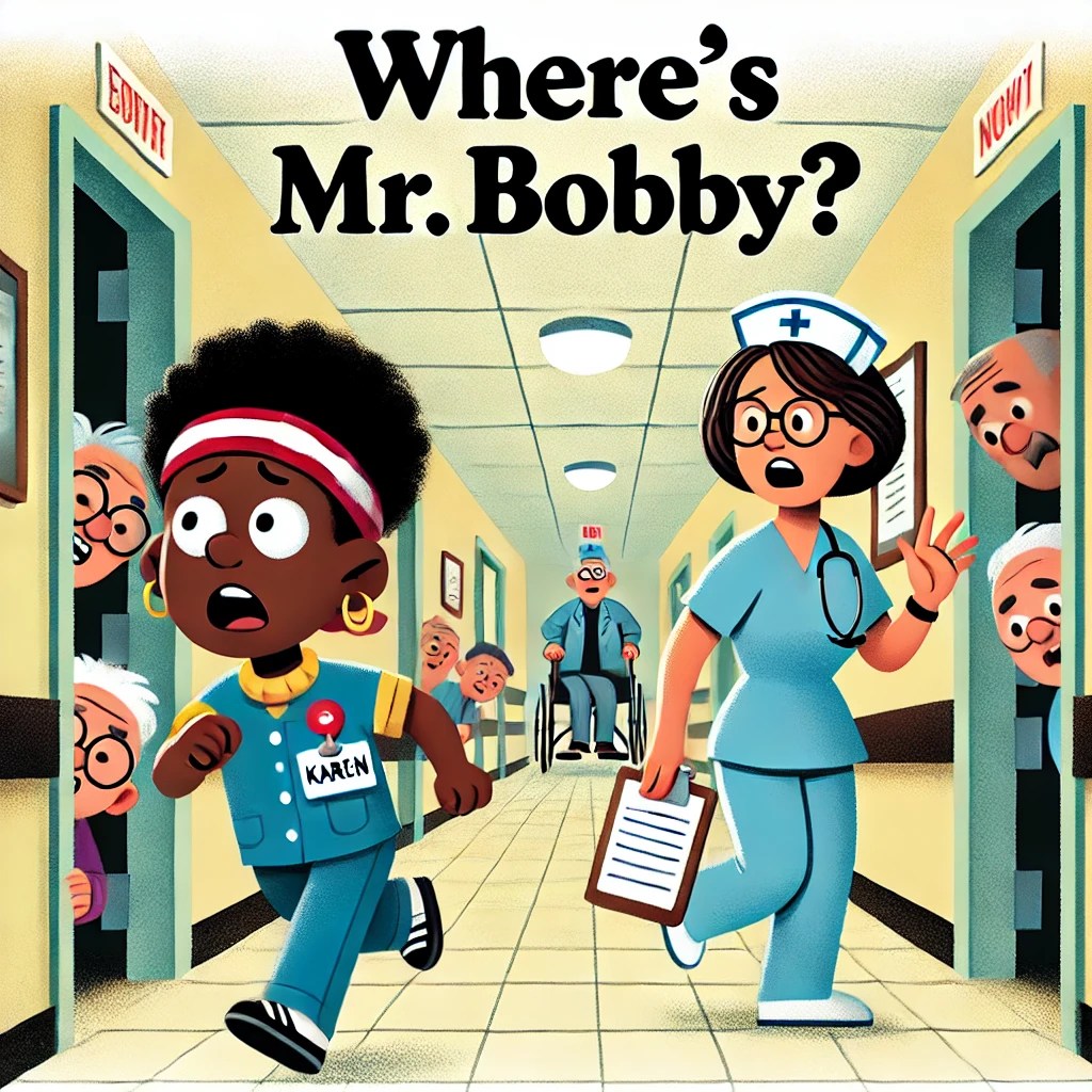 A cartoon of Karen, a young black CNA, looking panicked as she searches a nursing home hallway with a nurse. Residents are peeking out of their rooms.

CNA drama, missing nursing home resident, funny healthcare moments