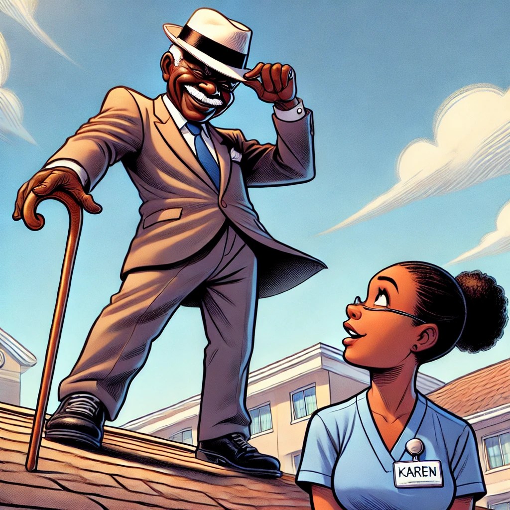 A cartoon of Mr. Bobby standing confidently on a nursing home roof, holding his cane, while Karen looks up in disbelief.

funny nursing home stories, mischievous resident antics, CNA relatable moments.