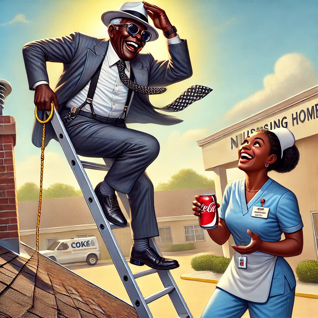 A cartoon of Mr. Bobby being helped down from the roof by a maintenance worker, while Karen stands nearby holding a Coke and laughing.

nursing home resident antics, funny CNA stories, relatable healthcare moments.