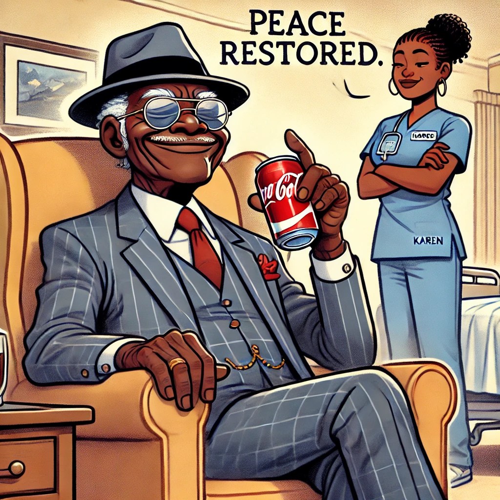 A cartoon of Mr. Bobby sitting in his room, sipping a Coke with a satisfied smile, while Karen stands nearby, shaking her head with a smirk.

funny nursing home moments, charming resident stories, CNA life humor