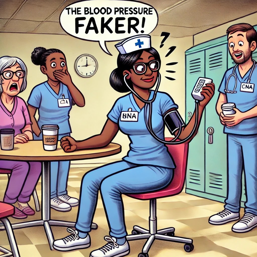 A cartoon of Linda, a black CNA, sitting in the breakroom, pretending to read blood pressures while her coworkers look shocked.
CNA humor, funny nursing home moments, healthcare chaos, blood pressure drama