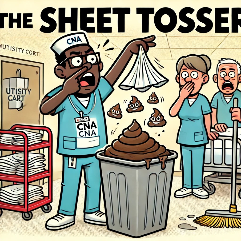 A cartoon of a CNA tossing pooped-on sheets into a trash bin while holding their nose, with coworkers looking horrified.
nursing home humor, funny CNA moments, resident care gone wrong, CNA chaos