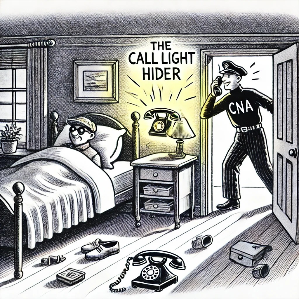 A cartoon of a resident slyly hiding a call light under their pillow while a CNA frantically searches the room.
CNA funny stories, nursing home chaos, call light drama, healthcare humor