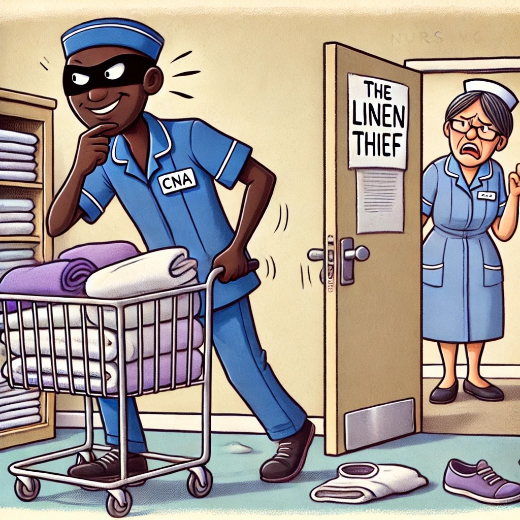 A cartoon of Karen, a CNA, sneaking away with a cart full of linen while another CNA looks angrily at an empty closet.
CNA drama, funny nursing home stories, linen theft in nursing homes, CNA humor