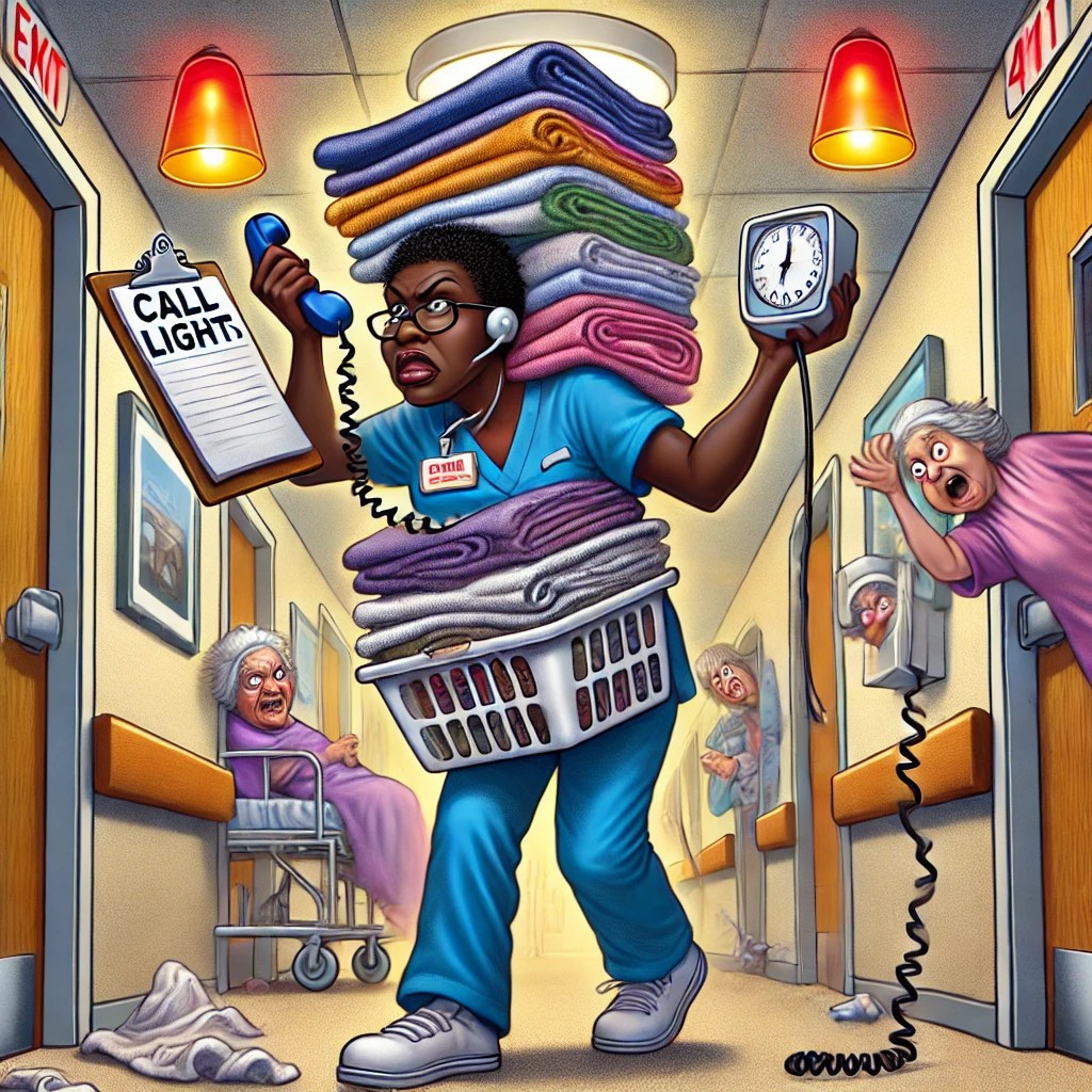 A cartoon of a black CNA juggling a pile of linens, a clipboard, and a blood pressure cuff while call lights blink behind her.

CNA responsibilities, overworked CNA humor, nursing home chaos, funny healthcare moments
