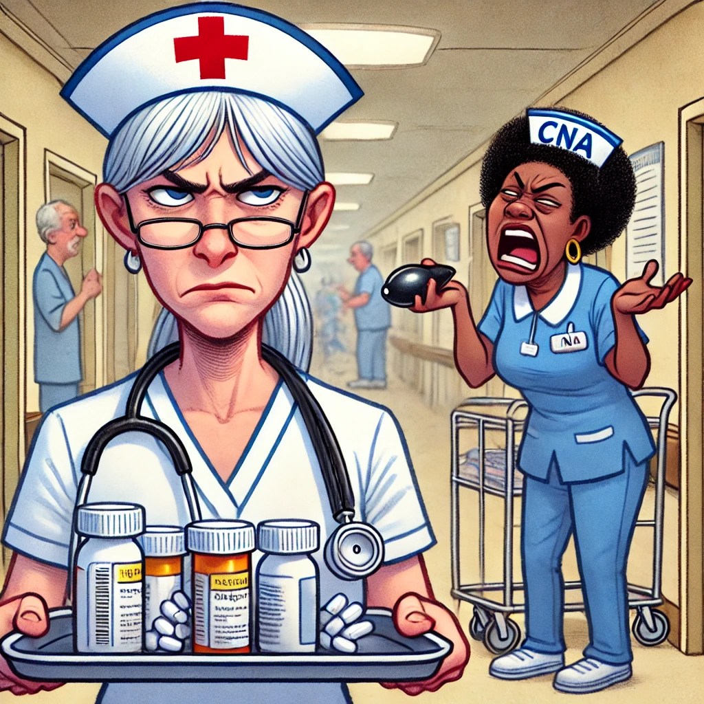A cartoon of a white nurse holding a tray of medication, rolling her eyes as a CNA complains in the background.

nurse responsibilities, nursing home humor, CNA vs nurse drama, healthcare teamwork

