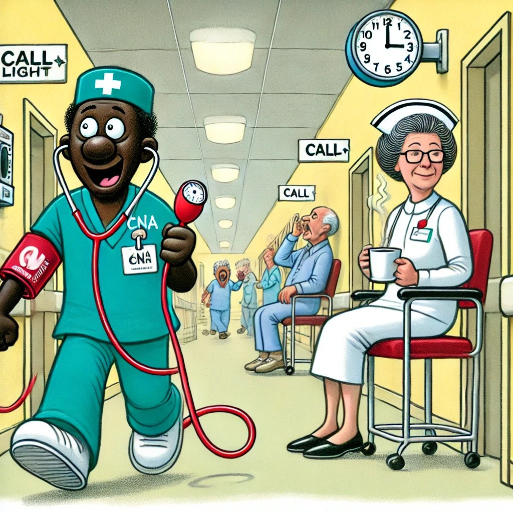A cartoon of a CNA running down a hallway with a blood pressure cuff while call lights blink and residents shout. In the background, a nurse sits at her station with coffee.

CNA humor, overworked healthcare workers, nursing home drama, CNA struggles