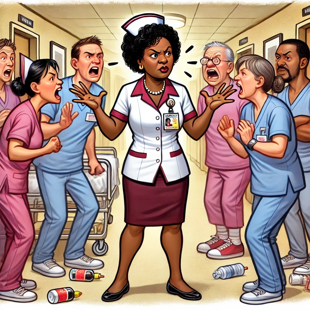 A cartoon of a nursing supervisor standing between a group of CNAs and nurses, holding up her hands to stop the argument.

nursing home compromise, CNA vs nurse responsibilities, healthcare teamwork humor, nursing supervisor decisions