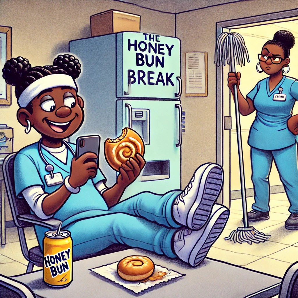 A cartoon of Jasmine, a black CNA, sitting in the breakroom with her feet up, eating a honey bun while Karen looks frustrated in the doorway.