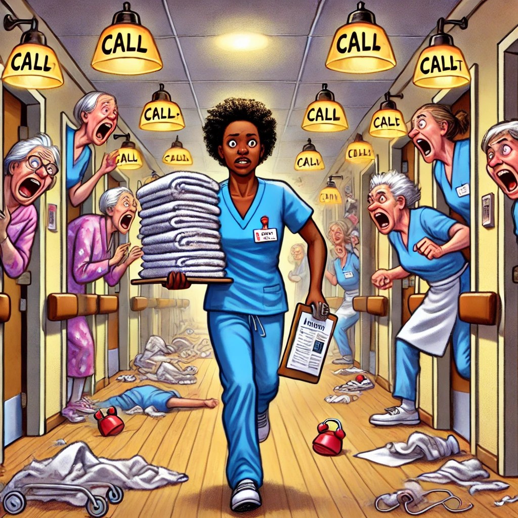 A cartoon of Karen frantically running down a hallway with a stack of linens and a clipboard, while call lights flash in every room.
