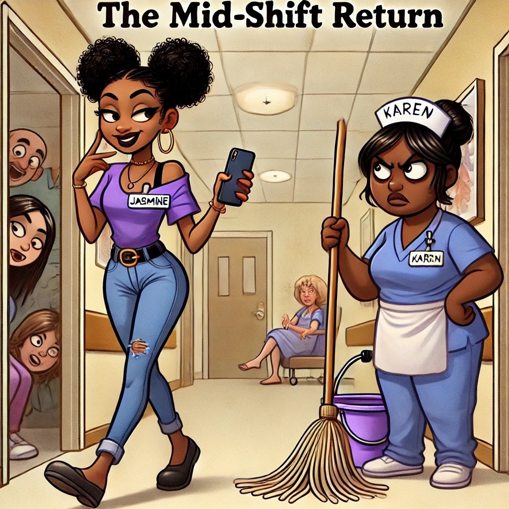A cartoon of Jasmine walking back onto the hall with a carefree attitude while Karen glares at her, holding a mop and bucket.