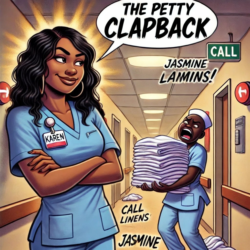 A cartoon of Karen smirking as she folds her arms while Jasmine looks panicked, holding a pile of linens.