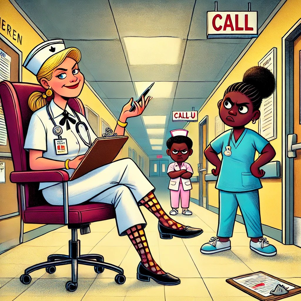 A cartoon of Karen sitting confidently in a chair, handing a pen to a frustrated nurse, while Jasmine sulks in the background.
