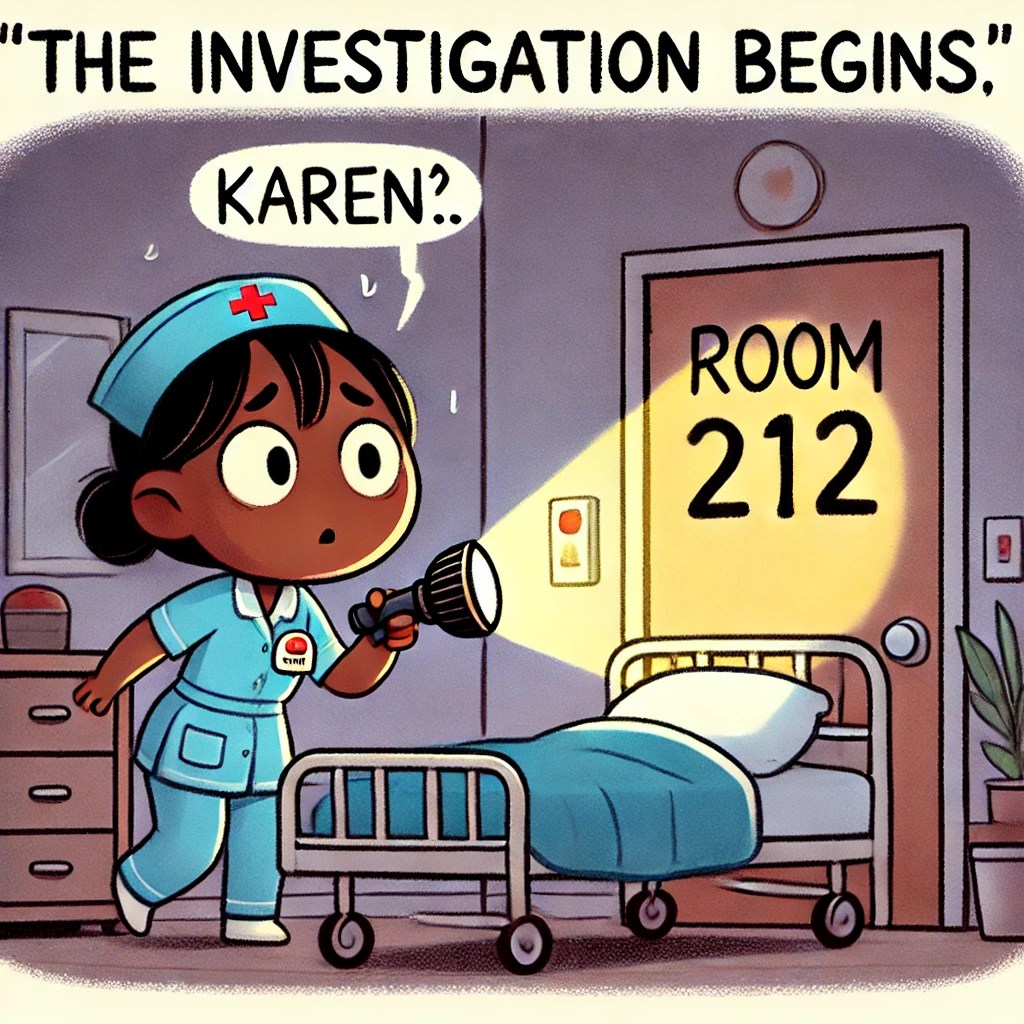 A cartoon of Karen holding a flashlight, cautiously entering Room 212 while the call light continues to flash. The room is empty and dark.