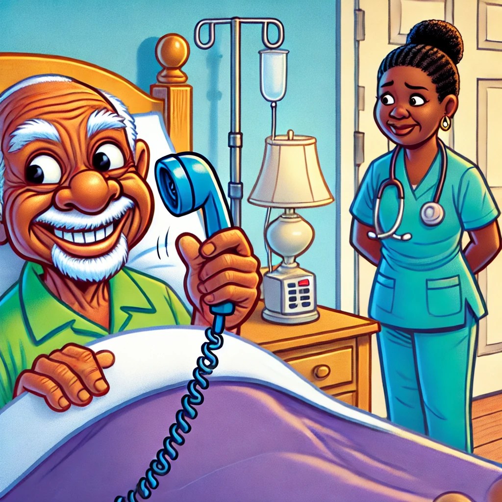 A cartoon of Mr. Bobby, an older black man, grinning mischievously from under the bed while holding the call light cord. Karen looks both relieved and annoyed.