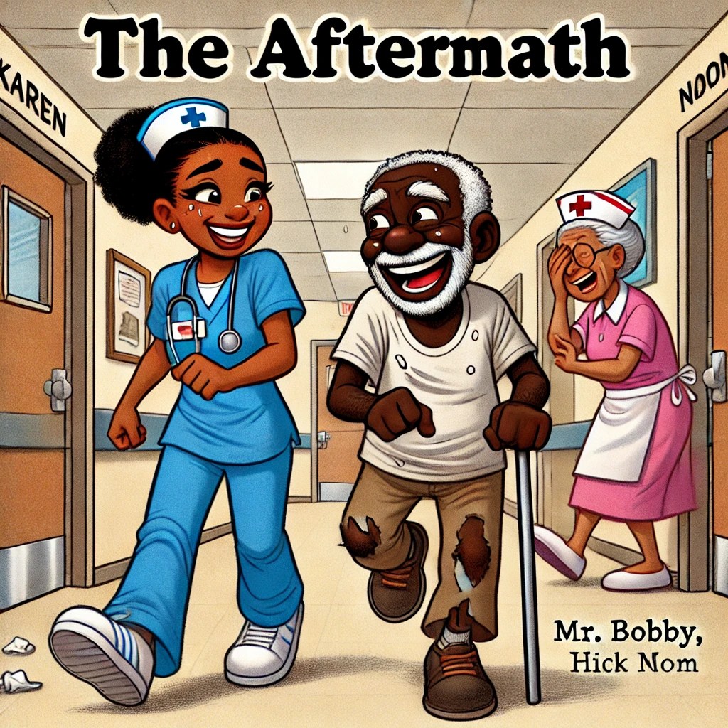 A cartoon of Karen walking Mr. Bobby back to his room, both laughing as the nurse watches with amusement.