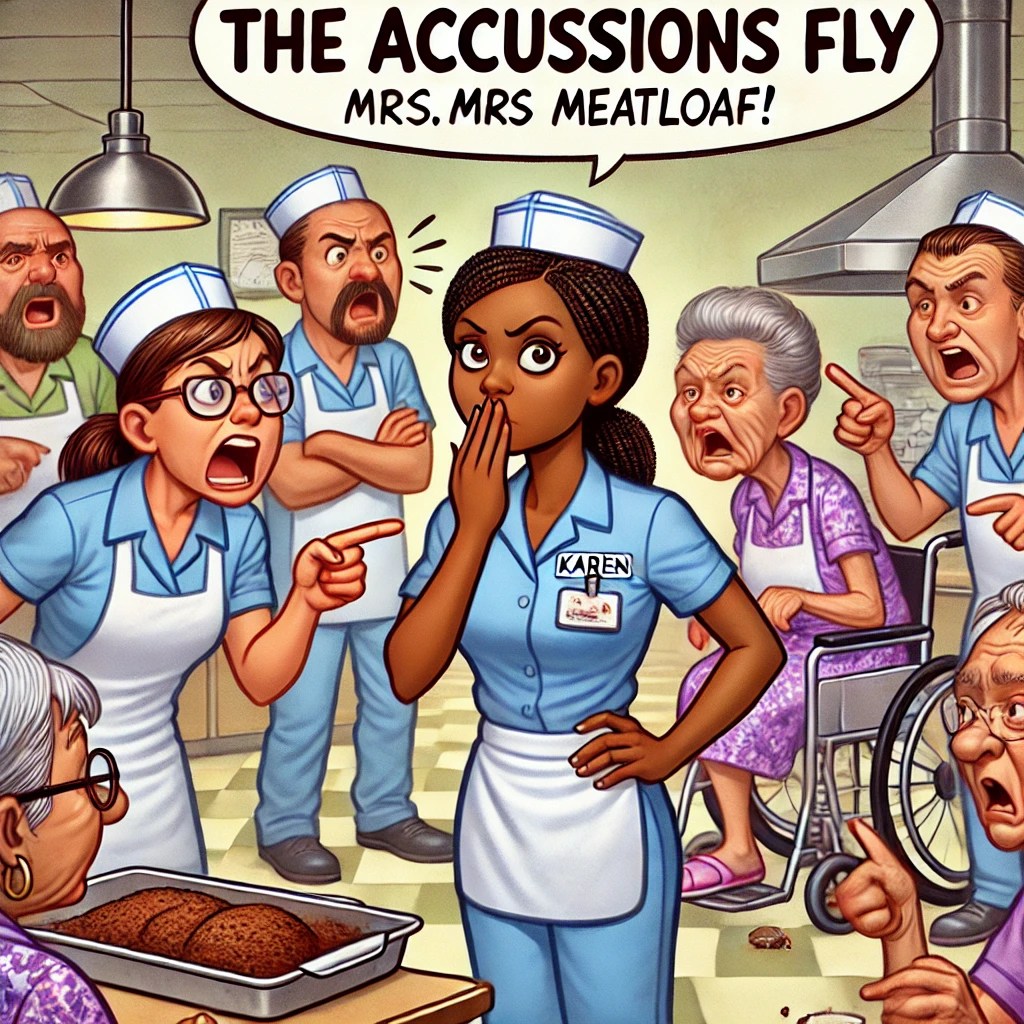 A cartoon of Karen standing between the kitchen staff and residents as they argue over who took the meatloaf, with Mrs. Watkins wiping crumbs off her chin.