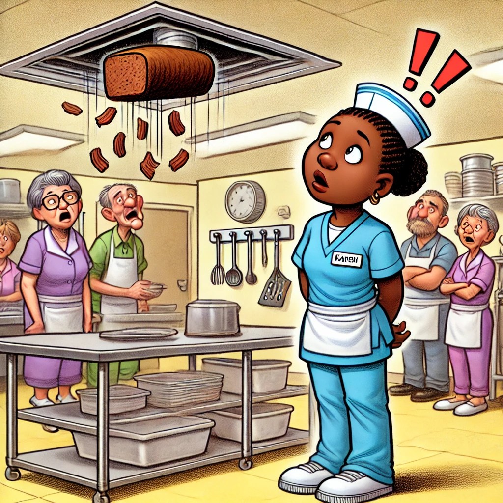 A cartoon of Karen looking up at the ceiling vent as a piece of meatloaf falls, with the kitchen staff and residents staring in disbelief.