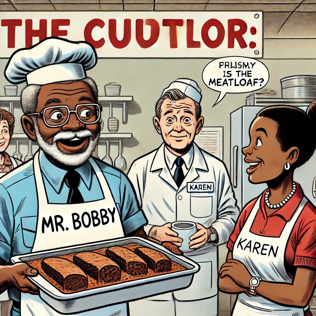 A cartoon of Mr. Bobby, a mischievous resident, holding the tray of meatloaf proudly while Karen and the kitchen staff look on in disbelief.