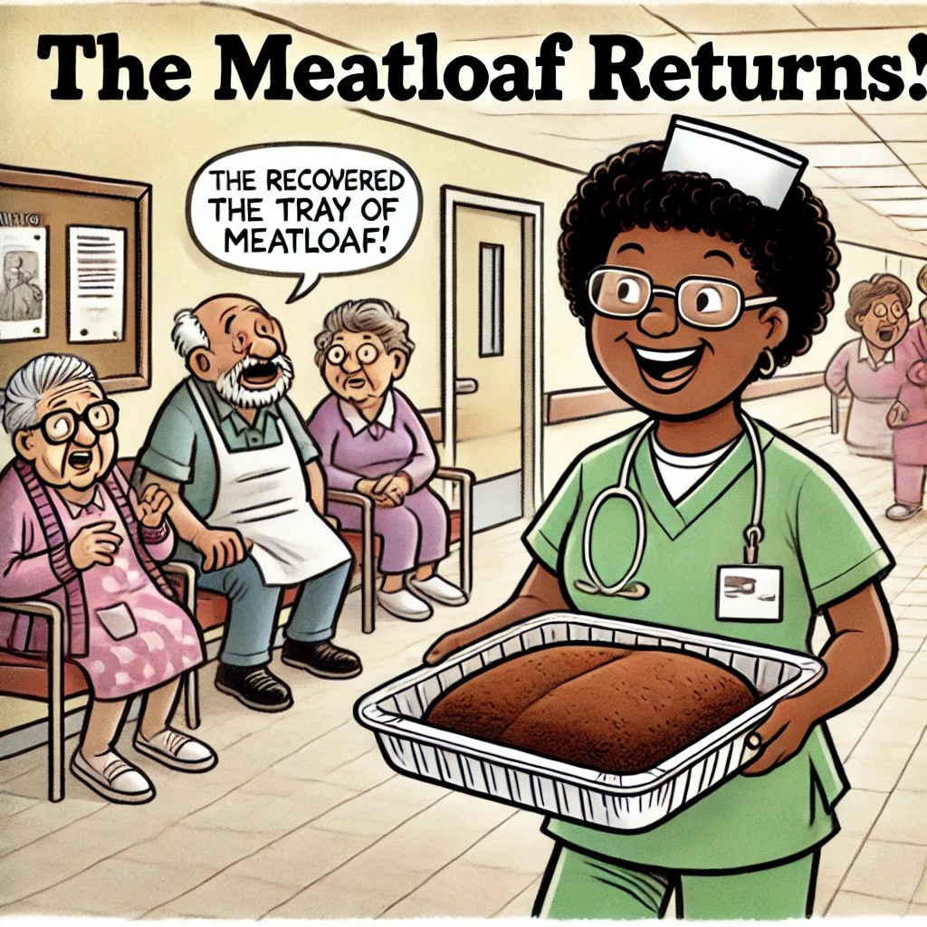  A cartoon of Karen carrying the recovered tray of meatloaf back to the kitchen as the residents gossip in the background.
