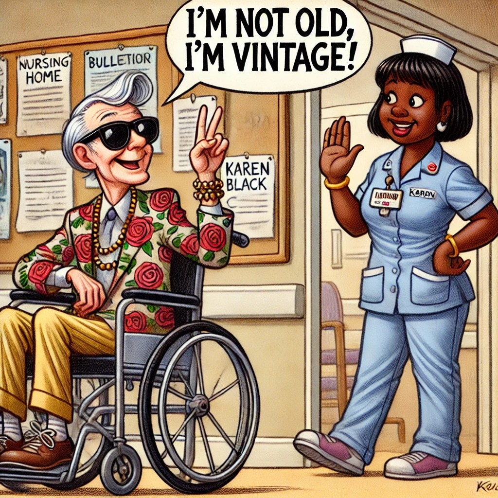 A cartoon of a fashionable resident in a wheelchair, wearing sunglasses and waving Karen away.