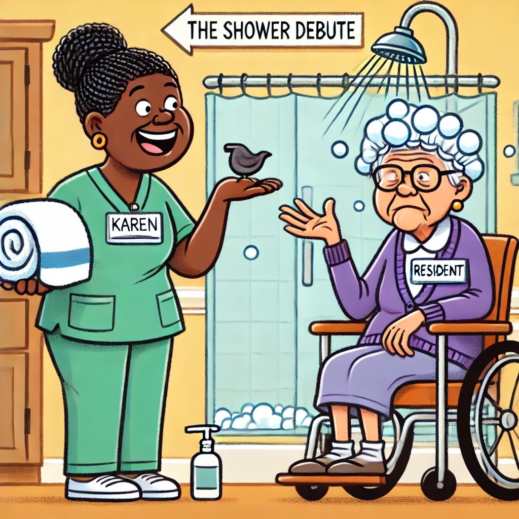 A cartoon of Karen holding a towel and soap, looking exasperated as a resident waves her off with a cheeky grin.