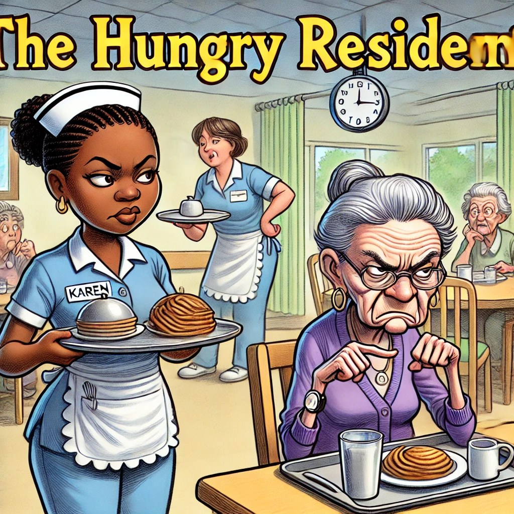 A cartoon of Karen carrying a breakfast tray while a resident taps her watch impatiently.