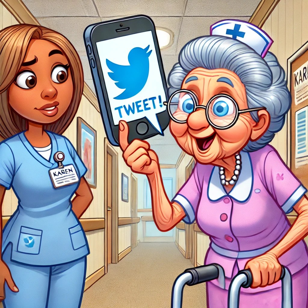 A cartoon of a resident holding an imaginary phone and pretending to tweet while Karen looks confused.