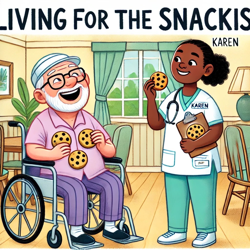  A cartoon of a resident happily eating cookies while Karen stands nearby with a clipboard, smiling.
