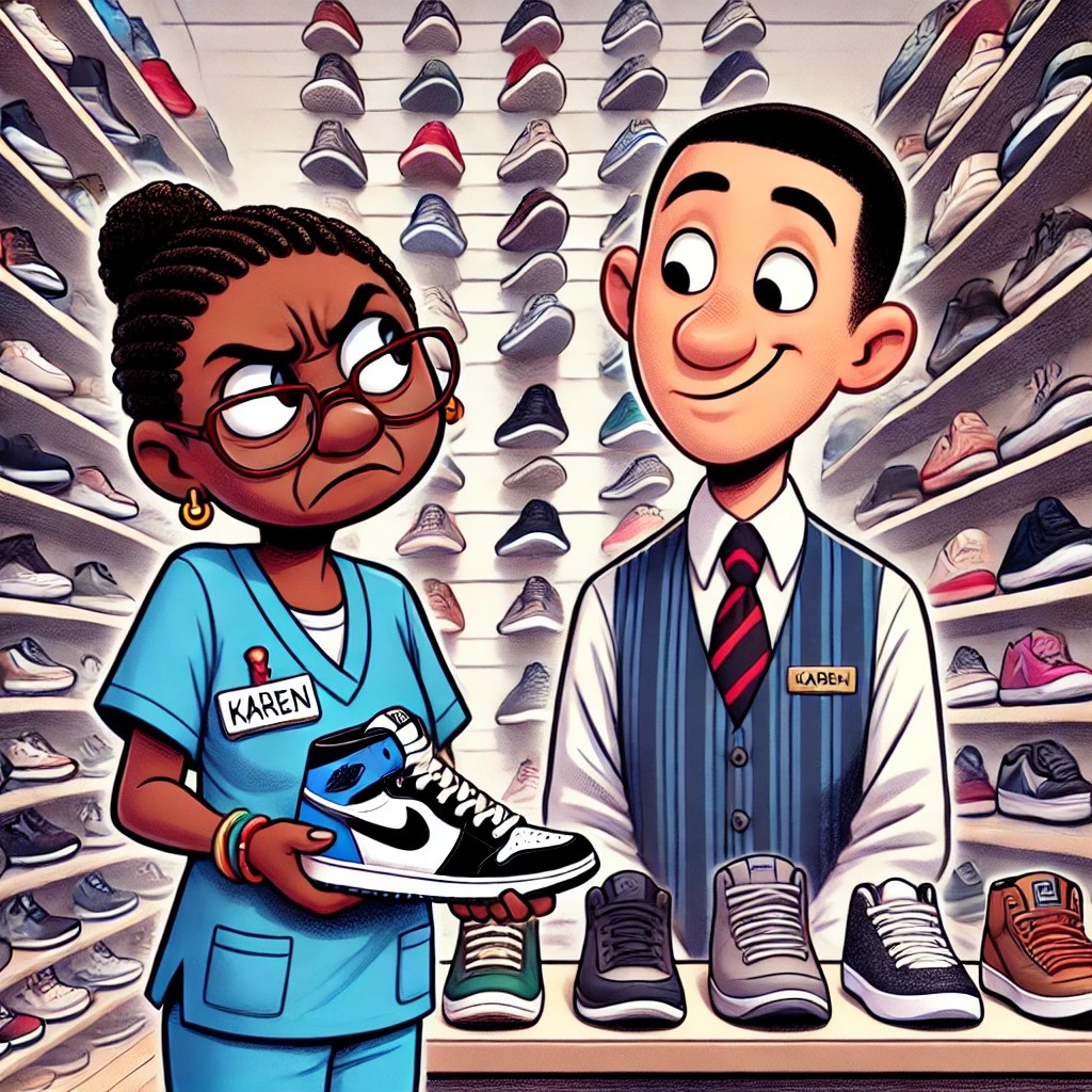 A cartoon of Karen standing in a shoe store surrounded by endless options, holding a pair of shoes with a skeptical expression.