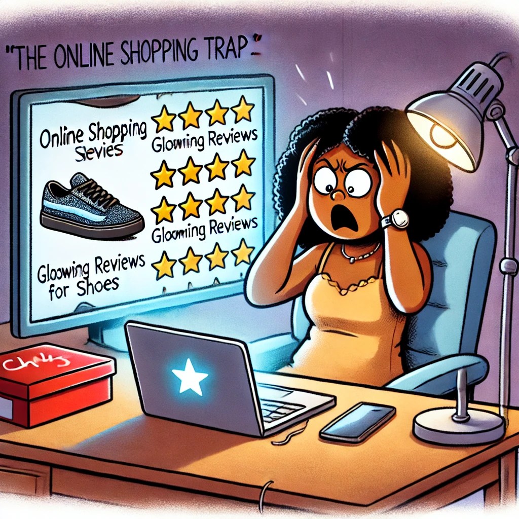 A cartoon of Karen sitting at a desk, staring at her laptop with frustration as online reviews show glowing ratings for uncomfortable shoes.