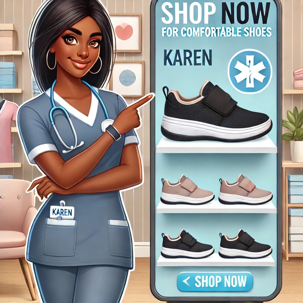 A graphic featuring comfortable nursing shoes with a banner that reads, “Shop Now for Comfy Nurse Shoes!