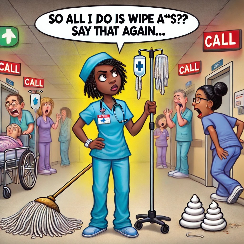 In this funny yet realistic cartoon-style illustration, a frustrated CNA stands in the middle of a chaotic hospital hallway, holding a mop in one hand and a bedpan in the other. She has an exasperated expression, clearly tired of the common misconception that all CNAs do is "wipe a**."

Behind her, the true chaos of CNA life is unfolding:

Call lights are flashing from multiple patient rooms 
A confused visitor is looking at her, likely the one who made the ignorant comment
A stressed CNA is frantically pushing a wheelchair down the hallway 
A nurse casually sips coffee while completely ignoring the madness 
The CNA’s speech bubble reads:
“So all I do is wipe a?? Say that again...”** 

This image perfectly captures the daily struggles and misconceptions CNAs deal with, making it relatable and hilarious for those in the field. 
