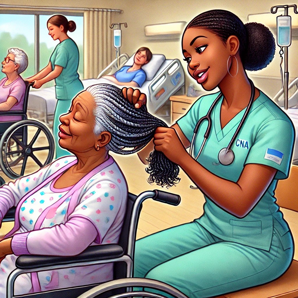 A CNA Braiding an Elderly Patient’s Hair

In this heartwarming and slightly humorous illustration, a young Black CNA in scrubs is gently braiding an elderly woman's hair as she sits comfortably in a wheelchair. The elderly woman has a big smile on her face, clearly enjoying the pampering. 

In the background, other CNAs are assisting residents, showing that caregiving goes beyond basic duties. The scene highlights the love, patience, and attention to detail CNAs provide daily—because being a CNA is more than just a job, it’s about making people feel good. 